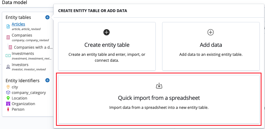 Quick import of data from a spreadsheet