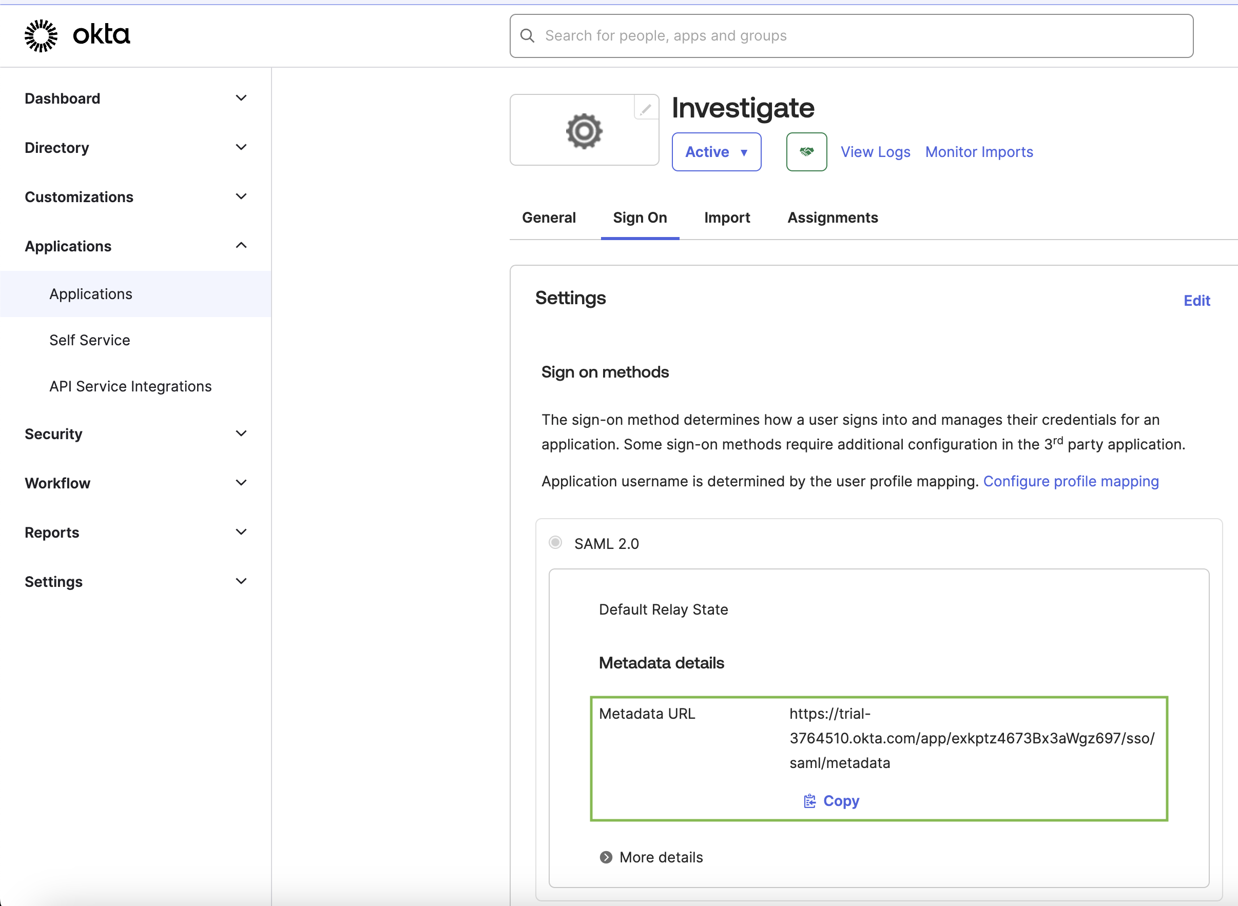 Fetch idp metadata in Okta